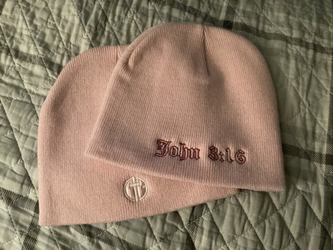 John 3:16 Beanie Pink with Heliconia and White Embroidery Logo