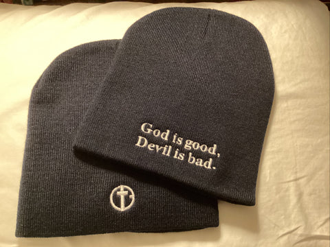 God is Good Beanie Navy with White Embroidery Logo