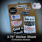 3- 3.75” CEA Vinyl Sticker Sheet God is Good, John 3:16 & Cooming Soon