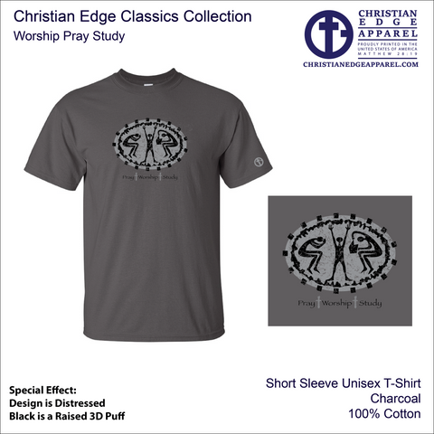 Worship Pray Study Mens Unisex Charcoal Short Sleeve T-shirt