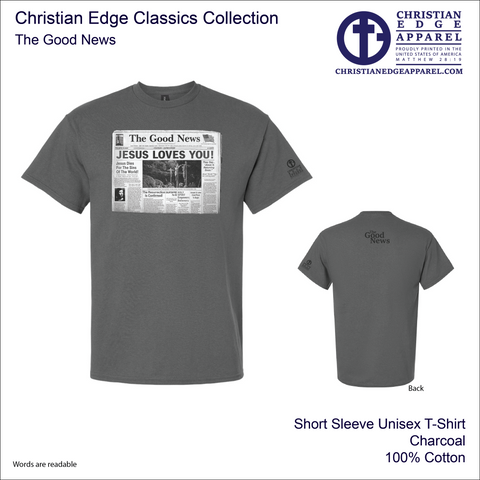 The Good News Charcoal Men's Short Sleeve T-Shirt Jesus Loves You