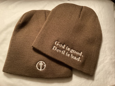 God is Good Beanie Brown with Egg Shell White Embroidery Logo
